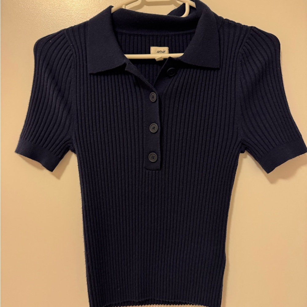Aerie Navy Ribbed Short Sleeve Polo Shirt small
